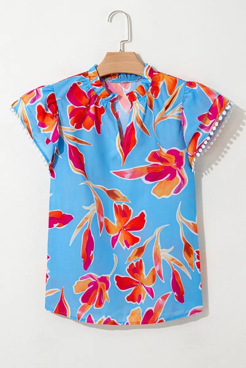 Sky Blue Floral Print V Neck Pompom Trim Flutter Sleeve Blouse - Love Salve